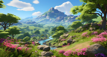 an animated colorful landscape with a mountain range in the background