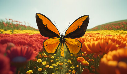 Butterfly in the flower meadow with red and yellow flowers. Beautiful nature background