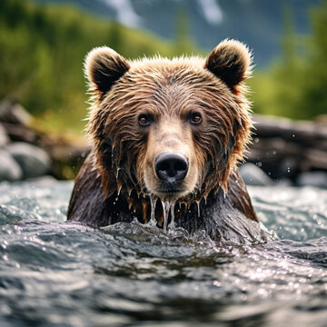 fotografia con detalle de oso pardo saliendo de agua de un rio de montaña