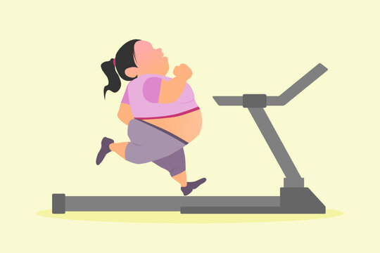 An overweight fat woman running on treadmill. Weight loss and anti-obesity. Vector illustration.