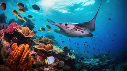 Fototapeta na wymiar Manta Ray Gliding Over Coral Reef with Tropical Fish