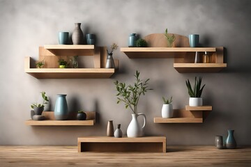 Wooden Wall shelves set with small vases-