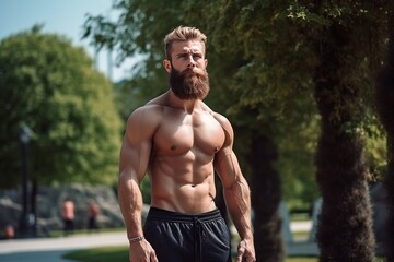 Fototapeta na wymiar Healthy lifestyle concept. A young attractive bearded muscular man is doing sports in a summer park. The guy is an athlete.