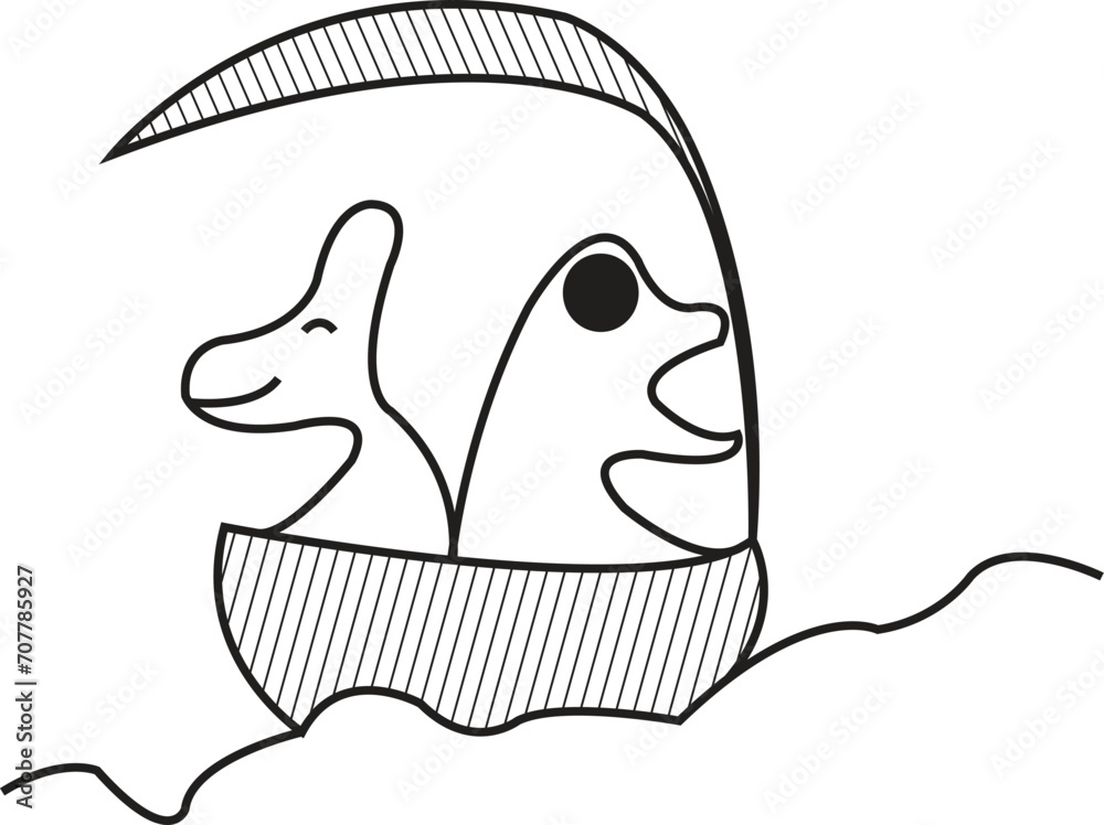 Fototapete Black and white line art vector illustration of a uniquely designed dot character—Dinosaur Duo on Leafy Adventure: One Joyful, One Fearful as They Sail on a Boat, formed from random dots