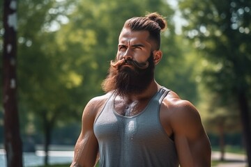 Healthy lifestyle concept. A young attractive bearded muscular man is doing sports in a summer...