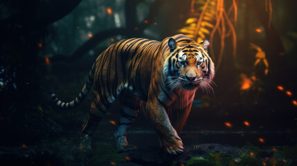 Majestic Tiger Stalking Through Jungle Underbrush