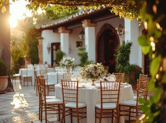 Fototapeta na wymiar Outdoor wedding ceremony. Decorated tables and chairs for guests.