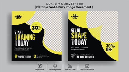 Gym and fitness workout social media post banner or instagram post or website banner editable template with black  and yellow background design