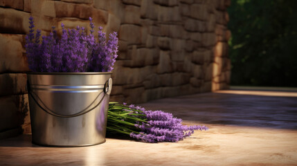 Lavender Bouquet in Metal Bucket by Stone Wall