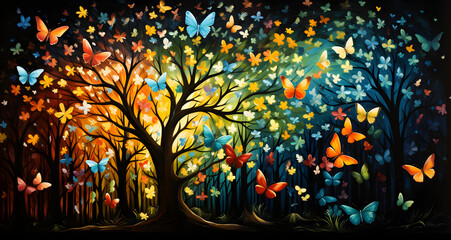 Obraz na płótnie Canvas a painting of a tree butterflies and sun