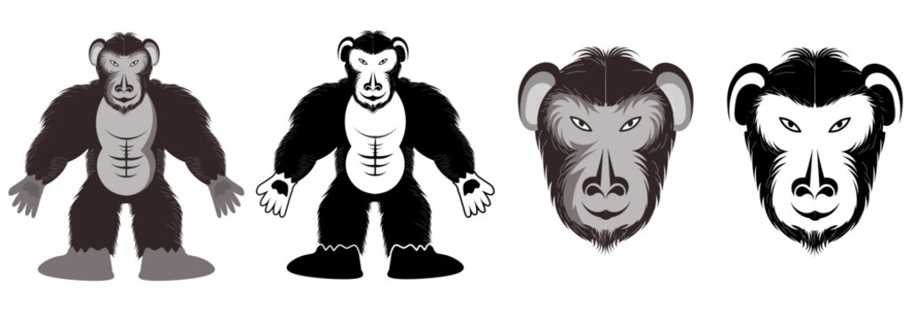 Cute gray gorilla is standing on a white background. Vector illustration with an animal in cartoon style.