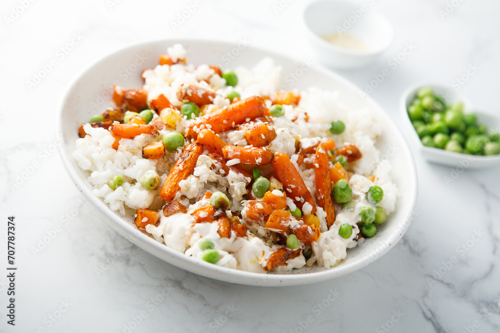 Sticker Rice bowl with carrot and pea