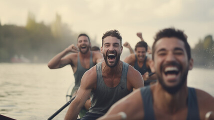 Joyful Rowing Team Celebrating Victory on Water - obrazy, fototapety, plakaty