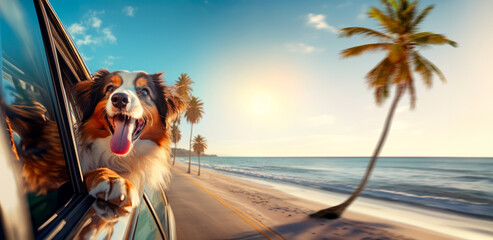 A funny cute dog looks out of the car window on the road to the ocean. Summer country trip with pets to the palm beach. Family trip on summer vacation California 60s. - obrazy, fototapety, plakaty