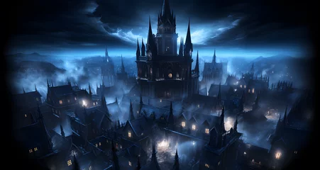  a castle with a spire at night with many windows and fog © Oliver