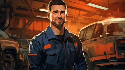 Fototapeta na wymiar Illustration of Smiling Auto Mechanic in Blue Overalls