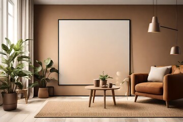 Warm and cozy interior of living room space with brown sofa, pouf, beige carpet, lamp, mock up poster frame, decoration, plant and coffee table. Cozy home decor. Template.-