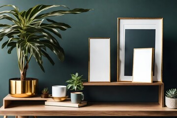 The room interior with mock up photo frame on the retro wooden shelf. Hanging plant in design pot,...