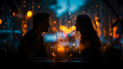 Silhouette photo of a couple doing candle light dinner with bokeh background. Romantic valentine concept