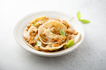 Homemade mushroom ravioli with basil