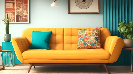 Modern living room with yellow sofa Ai Generated