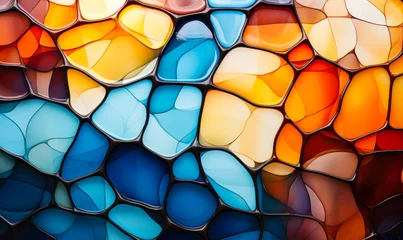Zelfklevend Fotobehang Glas in lood Colorful abstract stained glass pattern with a vibrant mosaic of interconnected shapes in varying shades of blue, orange, and yellow