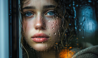 Pensive young woman gazing out of a rain-streaked window reflecting her thoughtful face, embodying introspection and melancholy