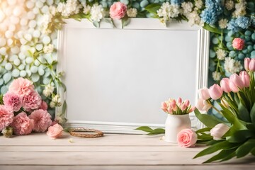 Backdrop for photo studio with spring decor for kids and family photo sessions.Selective focus- - obrazy, fototapety, plakaty