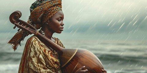 African Woman in Traditional Attire Playing Kora in the Rain. Generative ai - obrazy, fototapety, plakaty