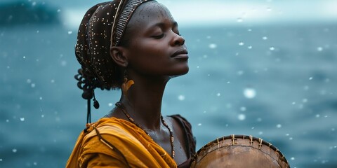 African Woman in Traditional Attire Playing Kora in the Rain. Generative ai