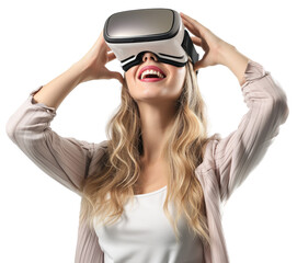 Portrait of a happy pretty blond woman wearing VR glasses isolated on a white background