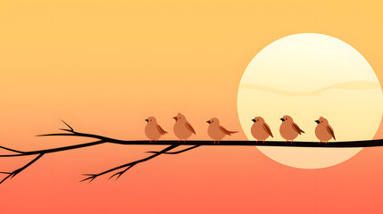 three little birds perched on a branch at sunset
