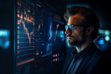 Fototapeta premium Secret hacker organization workplace data IT specialist near big screen with code Generative AI