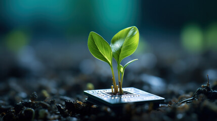 Green Seedling Growing from Computer Chip - obrazy, fototapety, plakaty