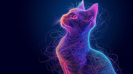  hologram cat in neon lines color on a blue background