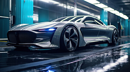 Futuristic Sports Car in High-Tech Facility
