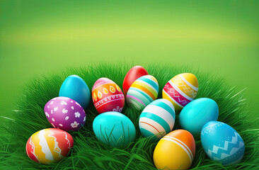 Fototapeta na wymiar Colorful Easter eggs on a background of green grass. Easter decoration, modern design pattern. Flat lay.