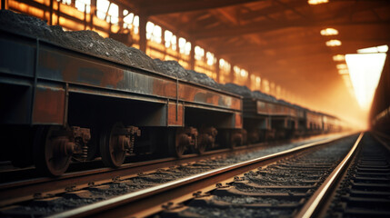 Fototapeta na wymiar Freight Train Loaded with Coal in Warm Light