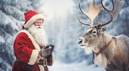 Santa Claus with a Majestic Reindeer in Snowy Forest. Generative ai