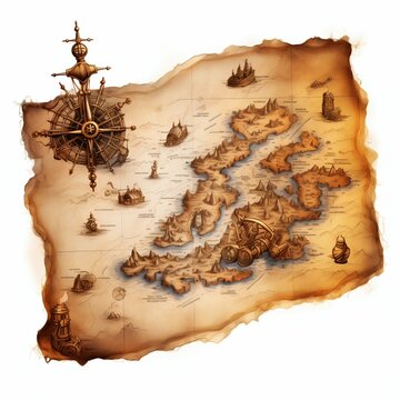 Ancient Nautical Map with Ships and Sea Monsters. Generative ai