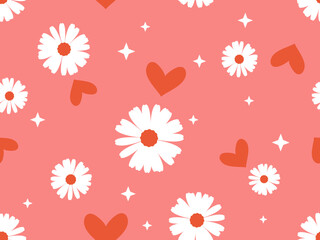 Fototapeta na wymiar Seamless pattern with daisy flower and red hearts on pink background vector illustration.