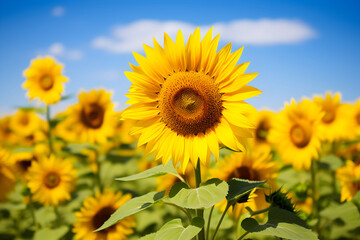 Sunflower field over cloudy blue sky background. Helianthus annuus.