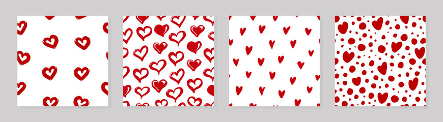 Set of seamless patterns with hearts.Hand-drawn red hearts. Design for Valentine's Day, March 8th, wedding invitations and more.