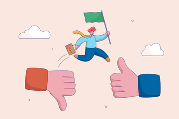 Feedback or review concept. Negative to positive situation. Businessman jumping from a thumbs down to a thumbs up icon roadmap to success. Modern flat vector.