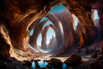 Gordijnen Within an astral canyon, crystalline arches span the celestial expanse, each arch embedded with luminescent crystals.    © Fatima