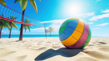 Colorful Volleyball on Sunny Beach With Net