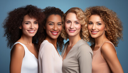 portrait of smiling women of different races and nationalities on a blue background