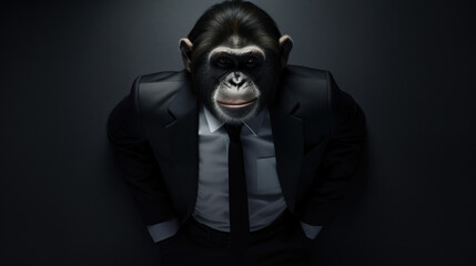 Chimpanzee in Suit Posing Against Dark Background