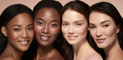 Obraz premium Portrait of smiling women of different races, dark and light skin on a plain background
