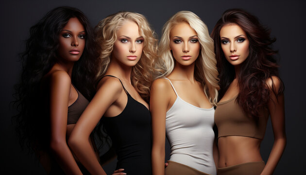 Young women of different races, dark and light skin on a dark background
